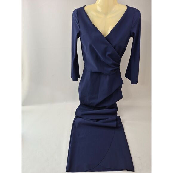 Chiara Boni La Petite Robe Blue Notte Zalfa Ruched Faux Wrap Dress Size 42/ 6 US - Picture 3 of 9